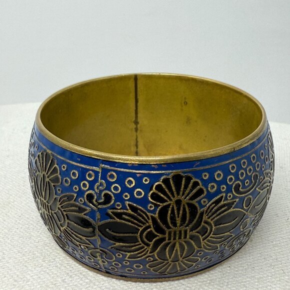 Vintage Enamel Cloisonne‎ Wide Bangle Bracelet Floral Brass Black Blue Boho Art - Picture 7 of 9